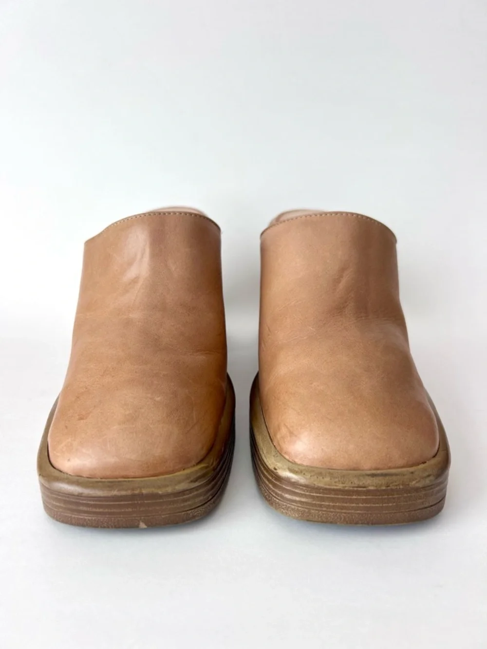 Steve Madden Flirtie Tan Leather Clogs Platform Mules Size 8 Square Toe 90s